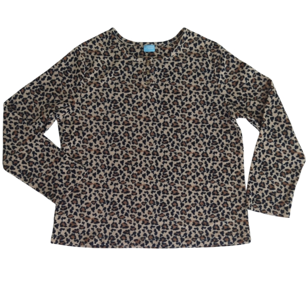 Comfort Corner Fleece Animal Print Long Sleeve Top LARGE Tan Black Brown